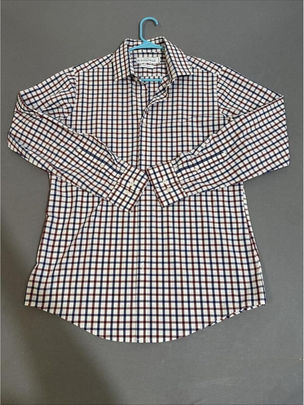 Mizzen + Main Shirt Mens Large Blue Red Check Trim Fit Leeward Dress Performance